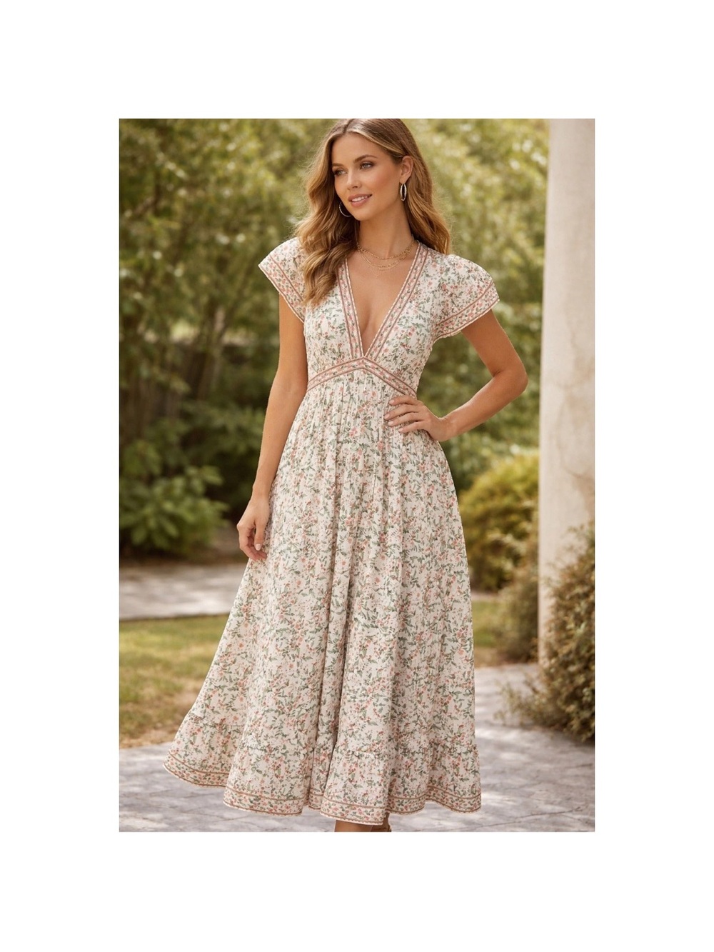 Max Studio Blush Floral V-Neck Midi Dress